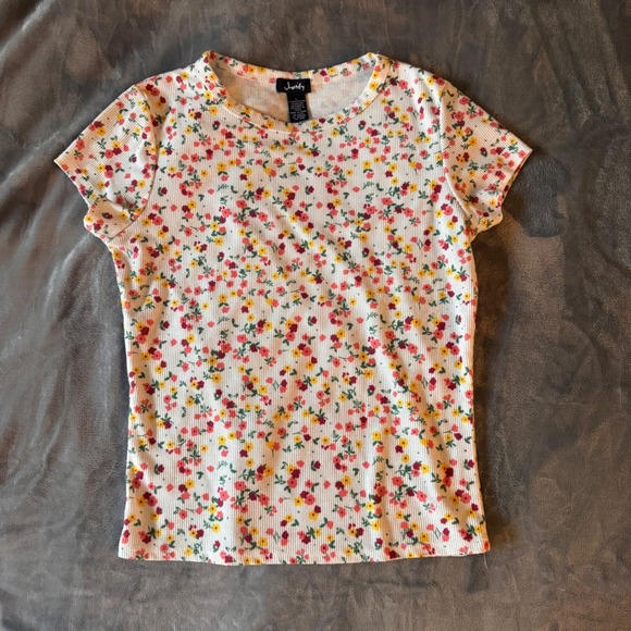 Tops - Justify Womens Ribbed Ditsy Floral Short Sleeve T-Shirt White Pink Yellow Large